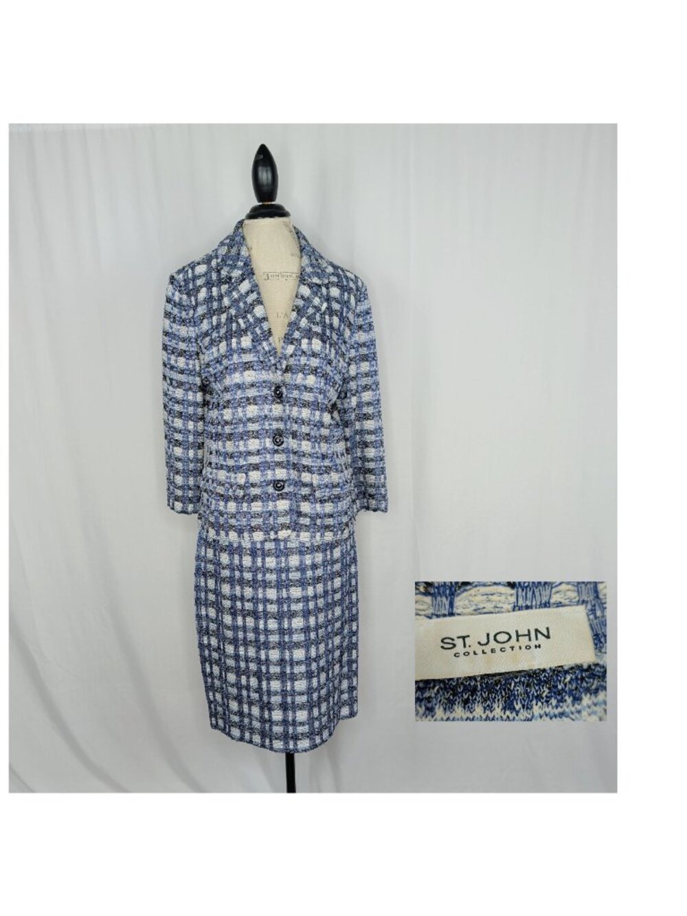St John Blue Skirt Set Medium Blazer Knit Plaid Matching